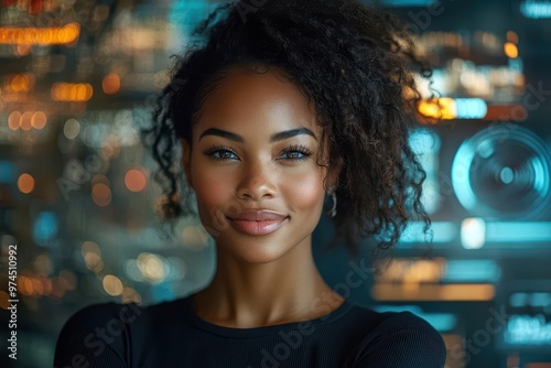 confident african american businesswoman in sleek office cityscape view holographic screens displaying data warm smile while multitasking embodiment of success and leadership