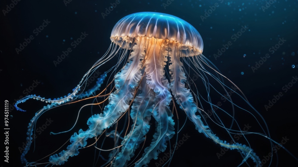 Fototapeta premium glowing jellyfish swims gracefully among tropical fish in a deep blue aquarium, showcasing the beauty of underwater marine life