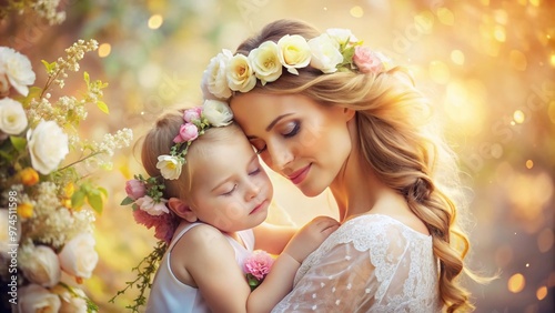 A tender moment between a mother and child, embracing warmly with eyes closed, surrounded by pastel flowers and soft, golden lighting, exuding love and gratitude.