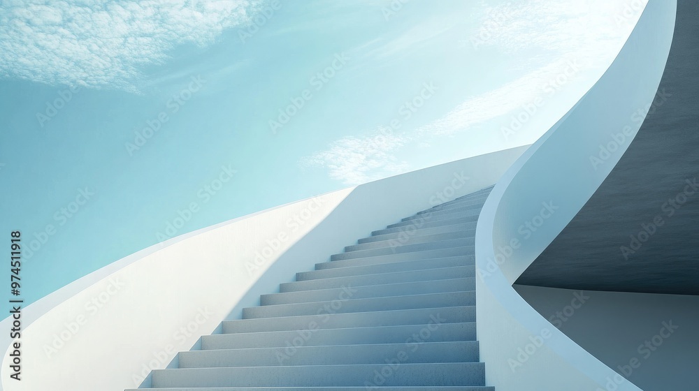 Futuristic staircase architecture with clean, minimalistic lines, leading upward to an open sky. The design represents innovation and modernity