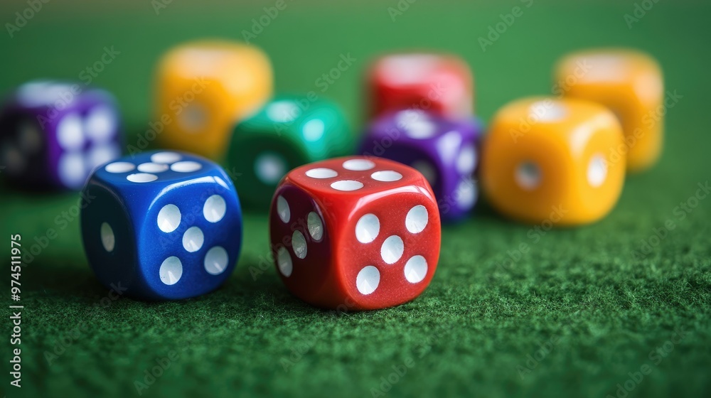 Gaming dice in various bright colors, scattered over a green table, adding a playful and energetic atmosphere. Gaming dice in various bright colors, scattered over a green table, adding a playful and energetic atmosphere.
