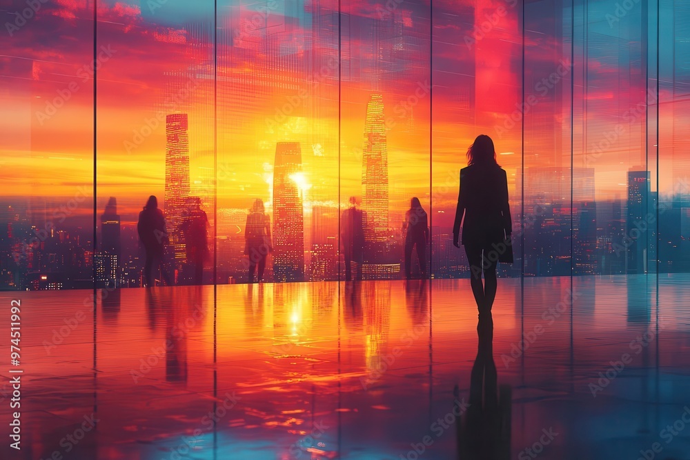 confident female ceo in modern office diverse team collaborating sleek interior with glass walls city skyline view digital art style with vibrant colors