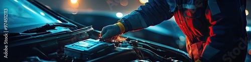 auto mechanic replaces the battery in the car. Selective focus