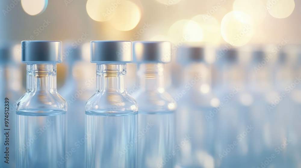 Group of sterile glass vials, neatly lined up with liquid contents, surrounded by a softly blurred background. Group of sterile glass vials, neatly lined up with liquid contents, surrounded by a softly blurred background.