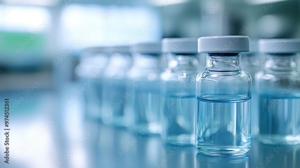 Group of sterile glass vials, neatly lined up with liquid contents, surrounded by a softly blurred background.