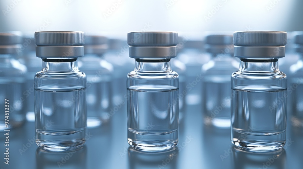 Group of sterile glass vials, neatly lined up with liquid contents, surrounded by a softly blurred background. Group of sterile glass vials, neatly lined up with liquid contents, surrounded by a softly blurred background.