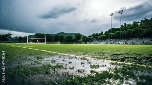 rainstorm football field green photo