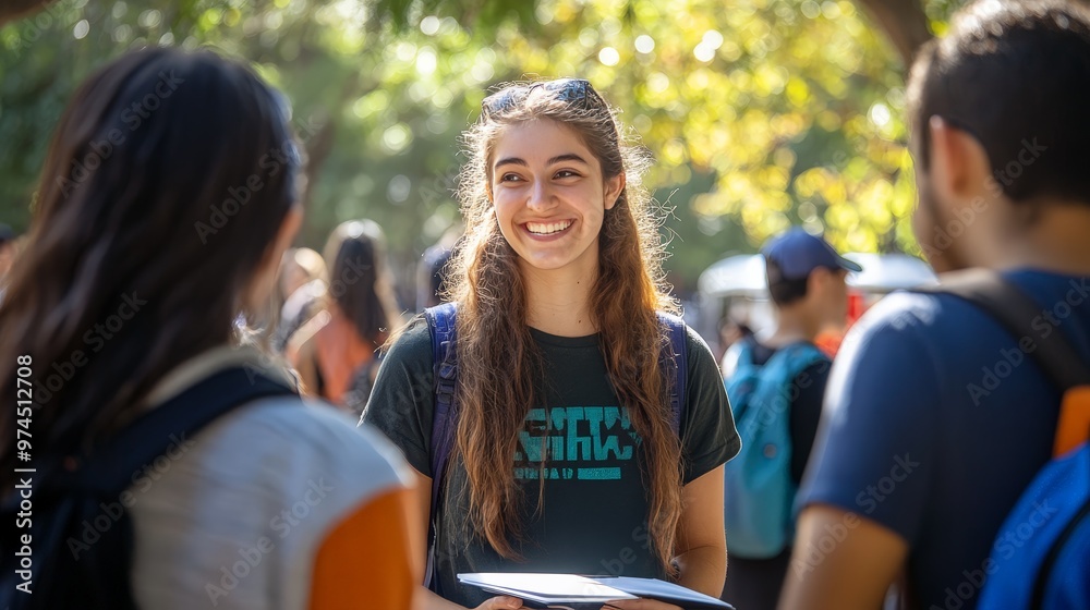Capture the excitement of students gathering at a campus event designed to welcome them to the new semester, with informational booths and cheerful interactions. Capture the excitement of students gathering at a campus event designed to welcome them to the new semester, with informational booths and cheerful interactions.