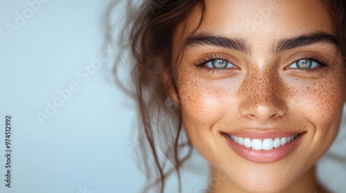 A woman with a glowing smile, captivating blue eyes, and distinct freckles, standing against a neutral background, evoking a sense of warmth and natural beauty.