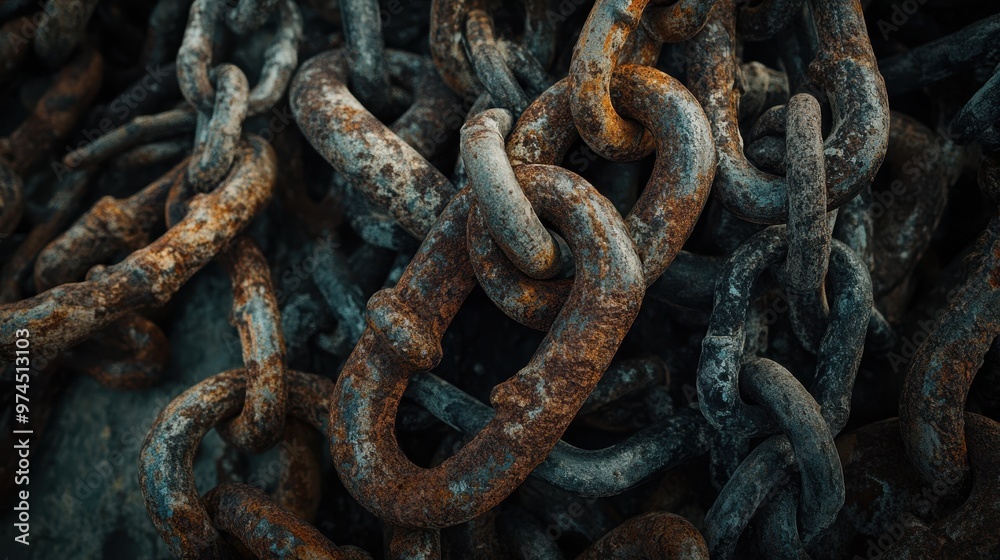 Rugged and Weathered Rusty Metal Chains in the Shadows Rugged and Weathered Rusty Metal Chains in the Shadows