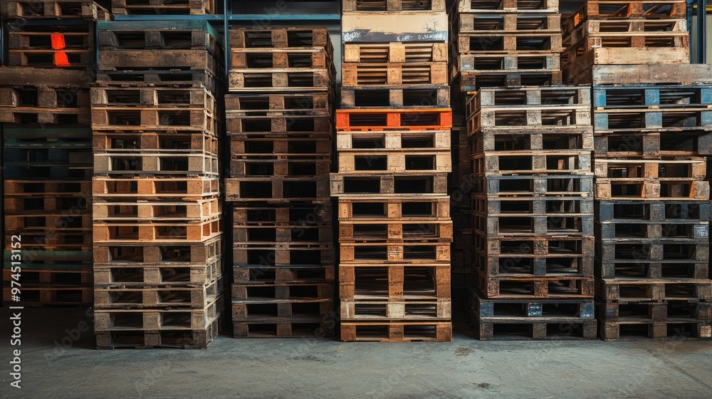 Industrial warehouse featuring orderly stacked wooden shipping pallets against a backdrop of shelves. Industrial warehouse featuring orderly stacked wooden shipping pallets against a backdrop of shelves.