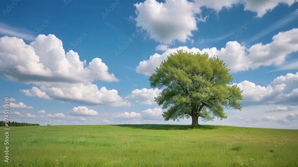 Obraz premium A single tree stands tall in a grassy field under a blue sky with white clouds.