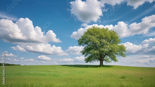 A single tree stands tall in a grassy field under a blue sky with white clouds. photo