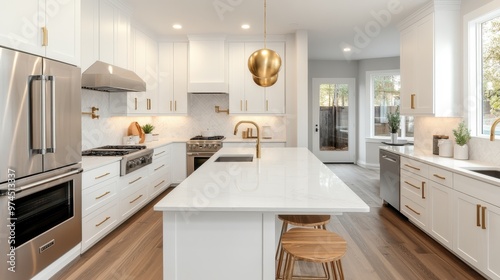 A sleek and modern kitchen featuring white cabinets, a spacious island with a marble countertop, stainless steel appliances, and elegant lighting fixtures.