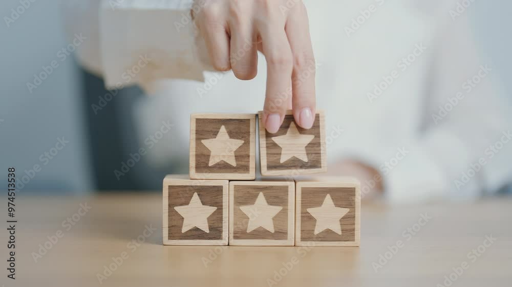 hand show Star block. Customer choose rating for user reviews. Service rating, ranking, customer review, satisfaction, evaluation and feedback concept hand show Star block. Customer choose rating for user reviews. Service rating, ranking, customer review, satisfaction, evaluation and feedback concept