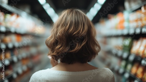 A woman with short hair stands in the middle of a brightly lit supermarket aisle, surrounded by neatly arranged products on both sides, highlighting the activity of grocery shopping.