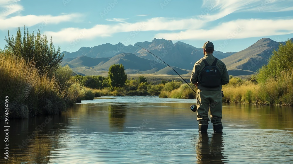 A man fly-fishing in a mountain river. A man fly-fishing in a mountain river.