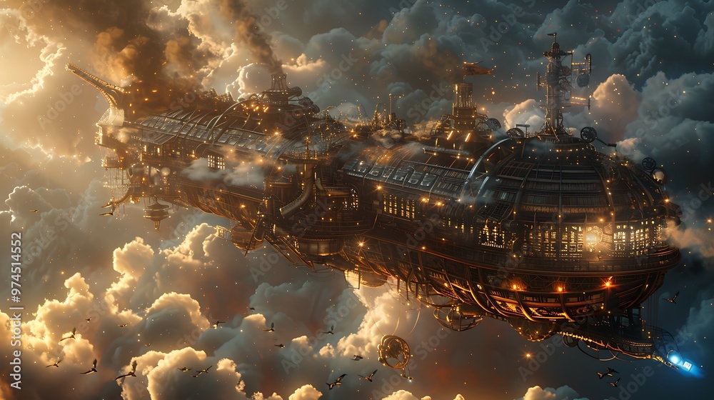 Steampunk Airship Flying Through Clouds Steampunk Airship Flying Through Clouds