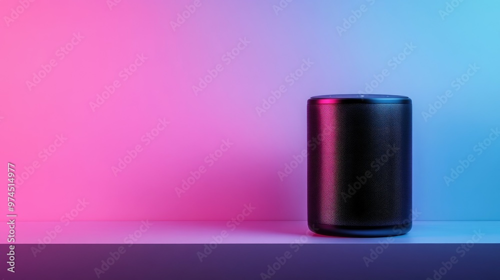 Modern wireless portable music loudspeaker isolated against a neon pastel background, showcasing its sleek design and functionality Modern wireless portable music loudspeaker isolated against a neon pastel background, showcasing its sleek design and functionality