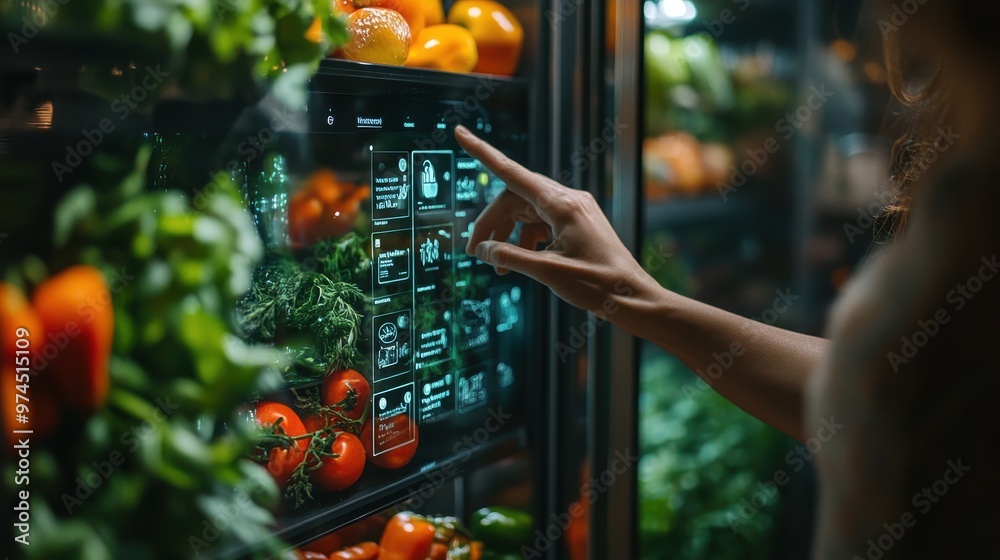 Obraz premium A detailed shot of a smart refrigerator interface showing AI-driven meal suggestions, with a person hand selecting an option.