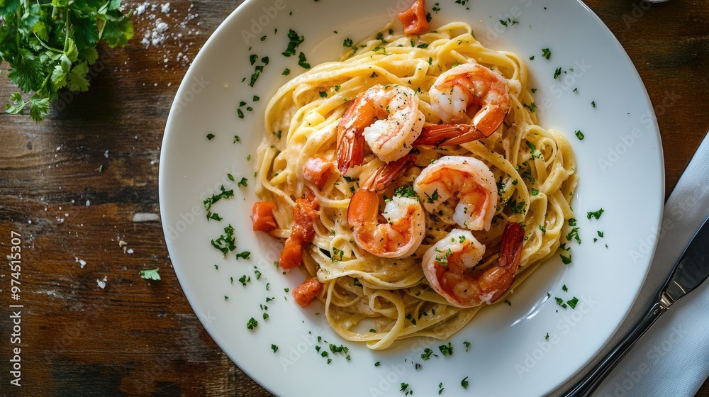 Overhead view of a delectable Italian linguine pasta with prawns and shrimp, elegantly plated, showcasing the dish's vibrant and fresh appeal Overhead view of a delectable Italian linguine pasta with prawns and shrimp, elegantly plated, showcasing the dish's vibrant and fresh appeal