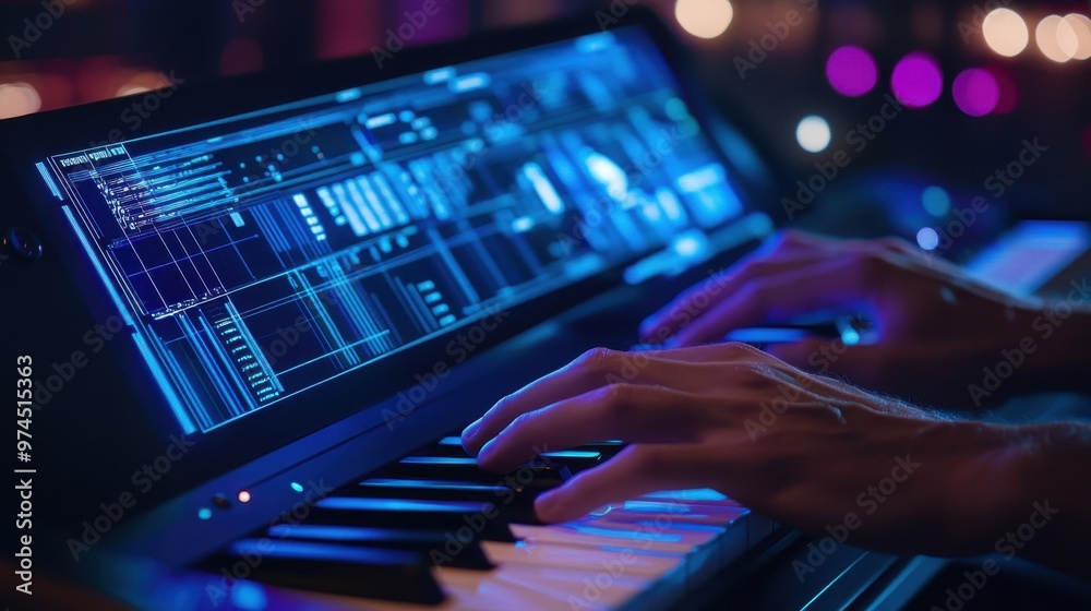 A detailed shot of fingers playing a digital piano keyboard, with virtual sheet music displayed on a nearby screen, blending music and technology. A detailed shot of fingers playing a digital piano keyboard, with virtual sheet music displayed on a nearby screen, blending music and technology.