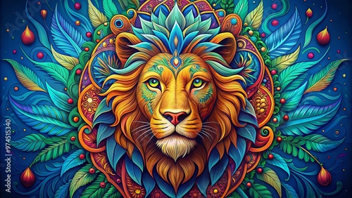 A vibrant, colorful illustration of a majestic lion's regal head, surrounded by intricate patterns and leaves, set against a bold, gradient blue background.