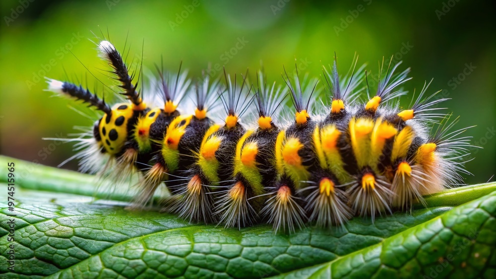 A vibrant, furry caterpillar, Oruga, slowly crawls on a green leaf, showcasing its bright yellow and black stripes, tiny legs, and multiple antennae. A vibrant, furry caterpillar, Oruga, slowly crawls on a green leaf, showcasing its bright yellow and black stripes, tiny legs, and multiple antennae.