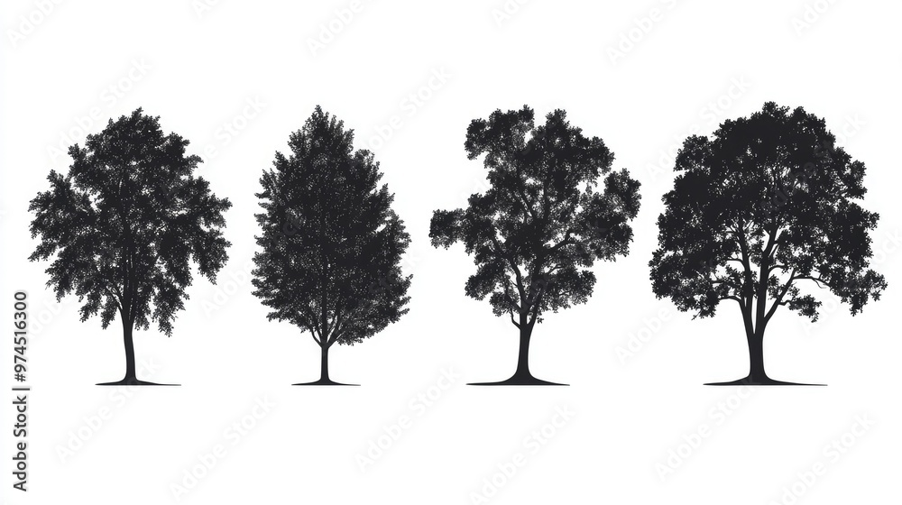 Fototapeta premium Set of black silhouette cedar elm trees isolated on a clean white background.