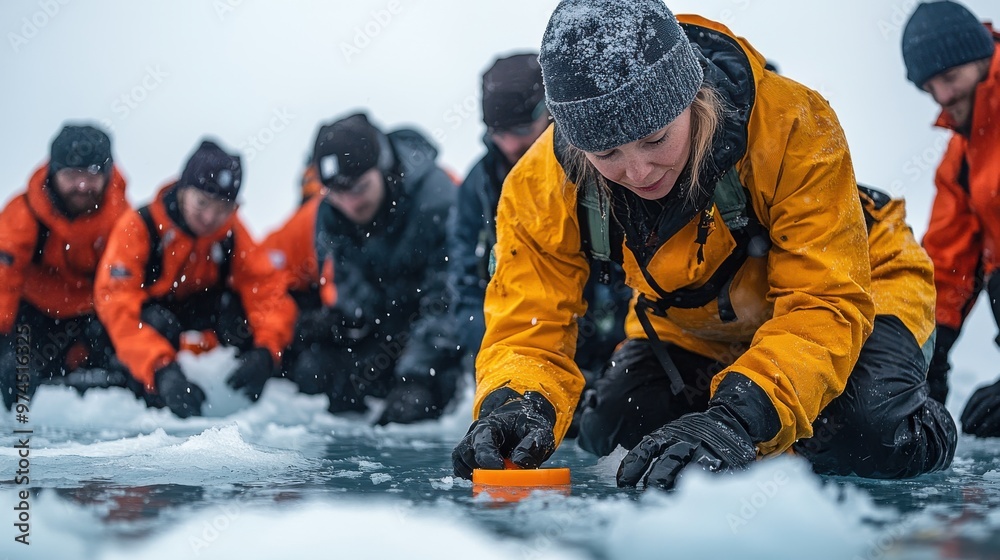 A diverse group of scientists conducting climate research in the Arctic, highlighting the impact of climate change on fragile ecosystems. A diverse group of scientists conducting climate research in the Arctic, highlighting the impact of climate change on fragile ecosystems.