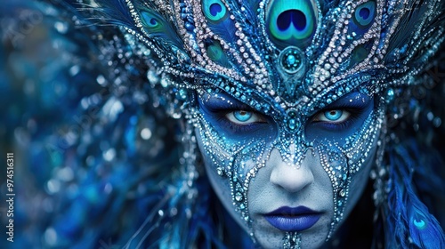 Close-up of a woman wearing an elaborate blue jeweled mask adorned with feathers, gazing intensely. Mystical and fantasy concept.