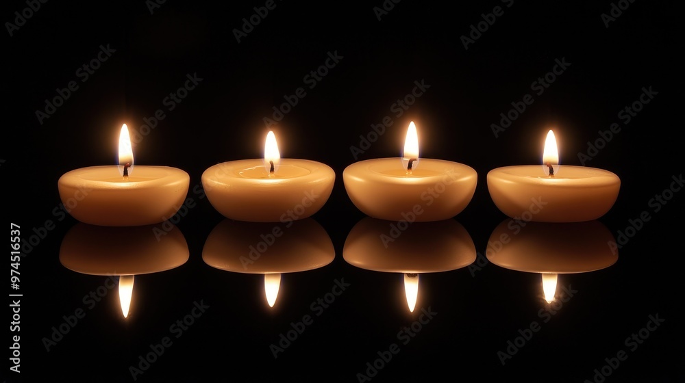 Set of burning candles with a deep black backdrop, offering a peaceful and elegant setting with ample space for messaging Set of burning candles with a deep black backdrop, offering a peaceful and elegant setting with ample space for messaging