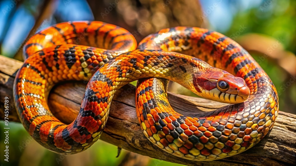 A vibrantly colored fox snake coils around a branch, its patterned skin glistening in the sunlight, with a subtle hint of curiosity in its gaze. A vibrantly colored fox snake coils around a branch, its patterned skin glistening in the sunlight, with a subtle hint of curiosity in its gaze.