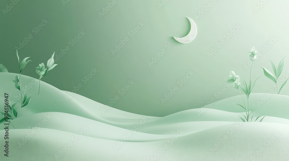 Soft green background with a minimalist approach for Eid Mubarak and Ramadan themes.