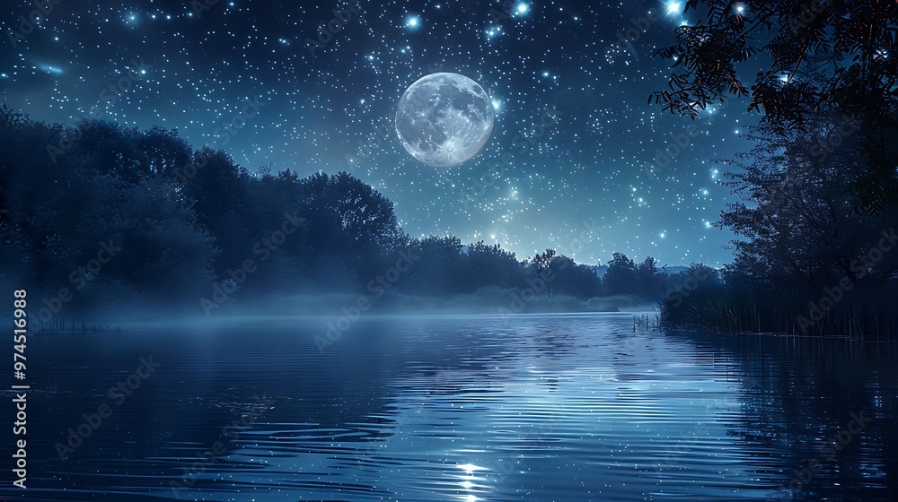 Fototapeta premium Night Sky with Full Moon and Stars Reflected in Calm Lake Water