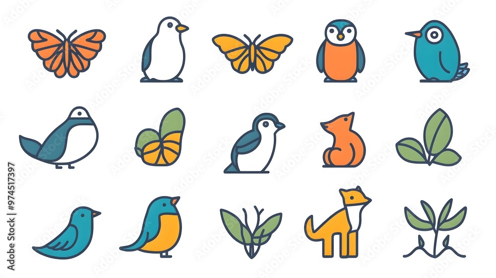 Fototapeta premium Set of Colorful Line Art Animal and Plant Icons