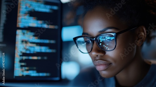 A close-up of a coder wearing glasses focused on a computer screen displaying programming code, highlighting dedication and focus in a tech-savvy environment.