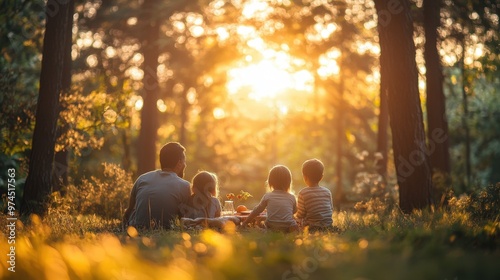 A family enjoying a picnic in a forest, surrounded by nature, emphasizing the beauty of preserving natural environments.