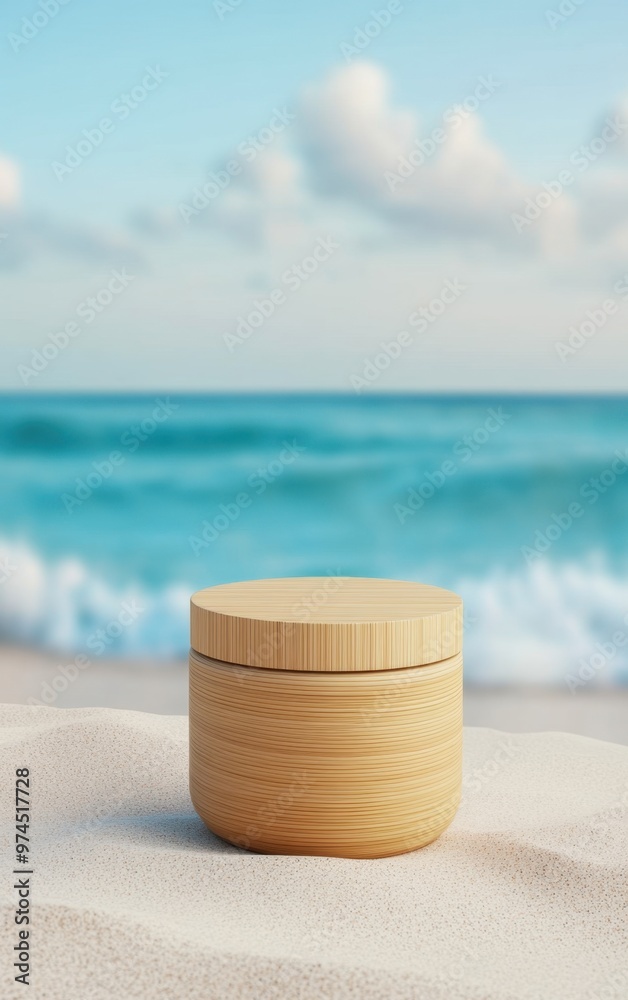 Wooden container on sandy beach with ocean waves and blue sky in the background. Perfect for natural product or vacation themed images. Wooden container on sandy beach with ocean waves and blue sky in the background. Perfect for natural product or vacation themed images.