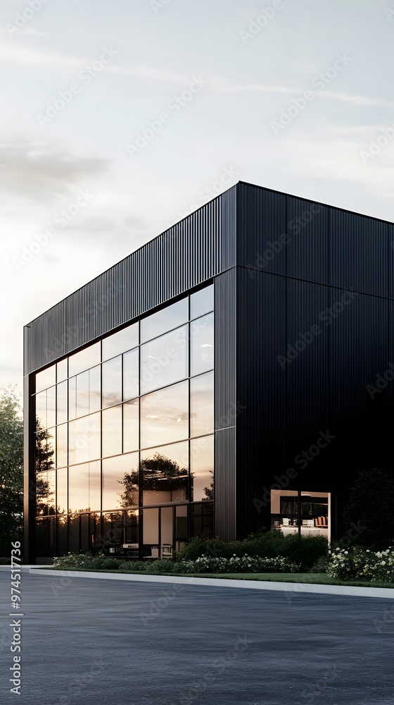 A modern industrial building with black and white metal cladding, featuring large windows for natural light and steel frames A modern industrial building with black and white metal cladding, featuring large windows for natural light and steel frames