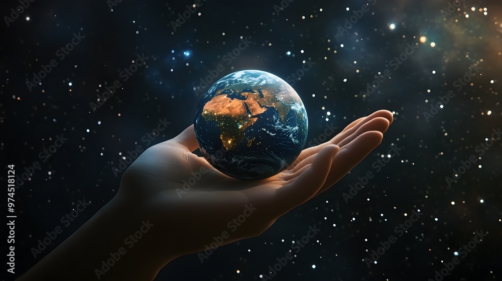 Hand Balancing Earth on Fingertips: A hand balancing the Earth delicately on the fingertips, against a black background dotted with stars. 
