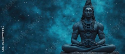 Meditative lord shiva in a cosmic setting with a serene mountain landscape