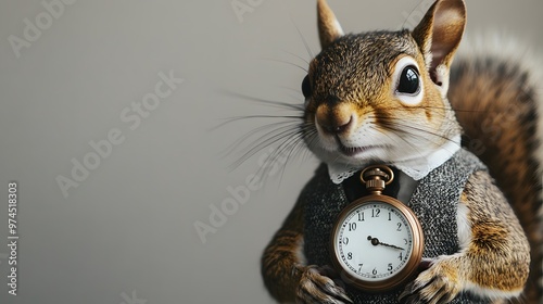 A squirrel in a waistcoat and bowtie holding a pocket watch photo