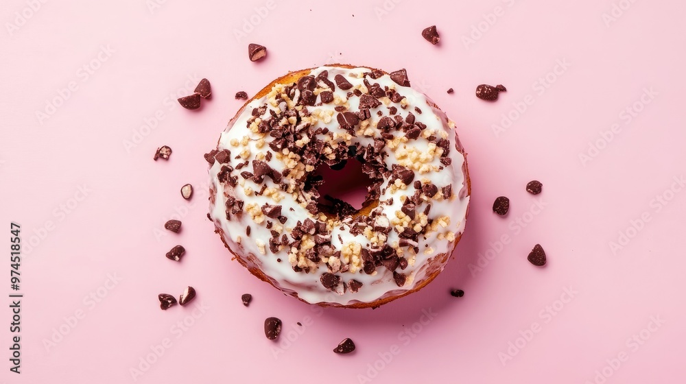 Sweet tiramisu doughnut with messy toppings viewed from the top, isolated on a pink background.