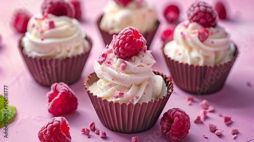 Vanilla ice cream with fresh raspberries in little cups made of chocolate on pink and purple background