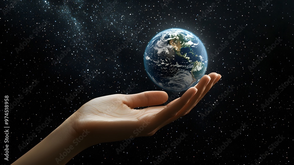 Hand Balancing Earth on Fingertips: A hand balancing the Earth delicately on the fingertips, against a black background dotted with stars.
Hand Balancing Earth on Fingertips: A hand balancing the Earth delicately on the fingertips, against a black background dotted with stars.