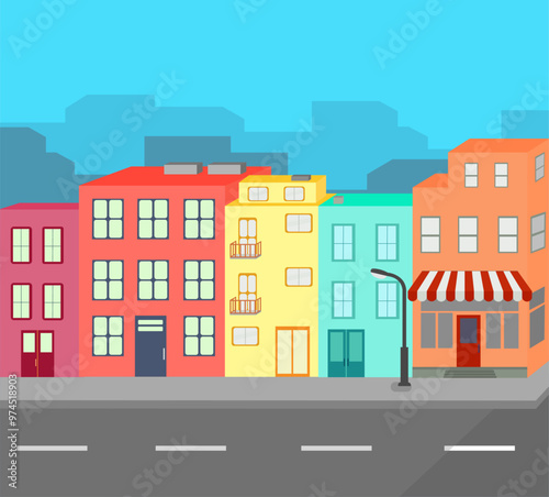 Cityscape with apartments, a street in the middle of the day, quiet town with several colorful buildings, vector