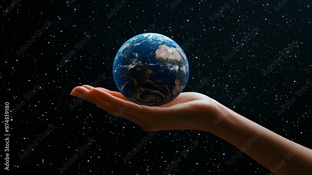 Hand Balancing Earth on Fingertips: A hand balancing the Earth delicately on the fingertips, against a black background dotted with stars.
Hand Balancing Earth on Fingertips: A hand balancing the Earth delicately on the fingertips, against a black background dotted with stars.