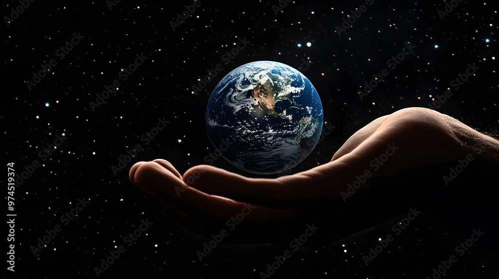 Hand Balancing Earth on Fingertips: A hand balancing the Earth delicately on the fingertips, against a black background dotted with stars.
Hand Balancing Earth on Fingertips: A hand balancing the Earth delicately on the fingertips, against a black background dotted with stars.