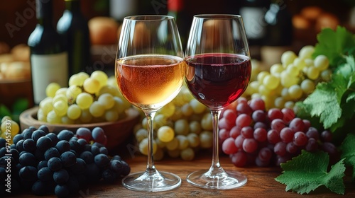 Glasses of red and white wine with grapes on a wooden table background